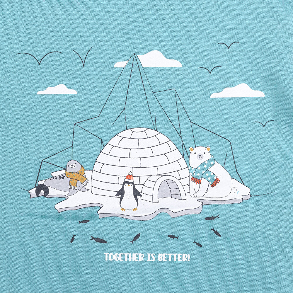 Erkek Bebek Sweatshirt Kutup Temalı Desen Çıtçıtlı Bisiklet Yaka Uzun Kol Turkuaz