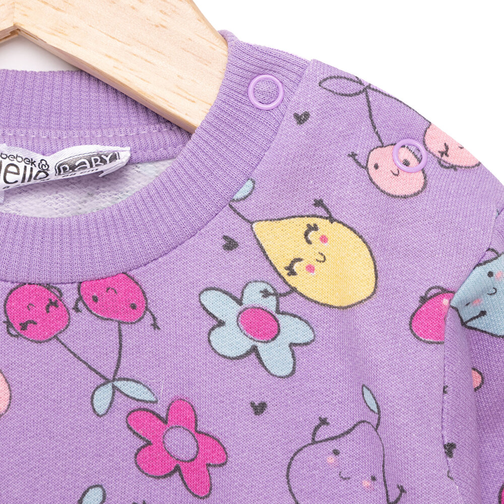 Kız Bebek Sweatshirt Şardonlu Meyve Desenli Çıtçıtlı Bisiklet Yaka Uzun Kol