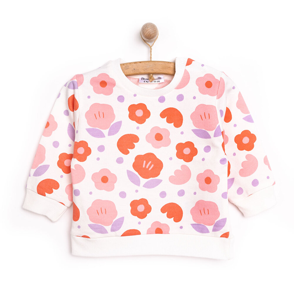 Kız Bebek Sweatshirt Şardonlu Çıtçıtlı  Bisiklet Yaka Uzun Kol Desenli