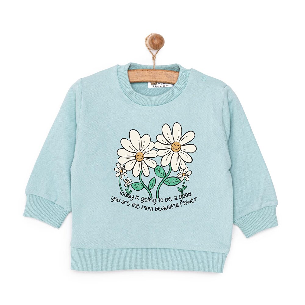 Kız Bebek Sweatshirt Şardonlu Papatya Desenli Çıtçıtlı Bisiklet Yaka Uzun Kol Açık Mavi