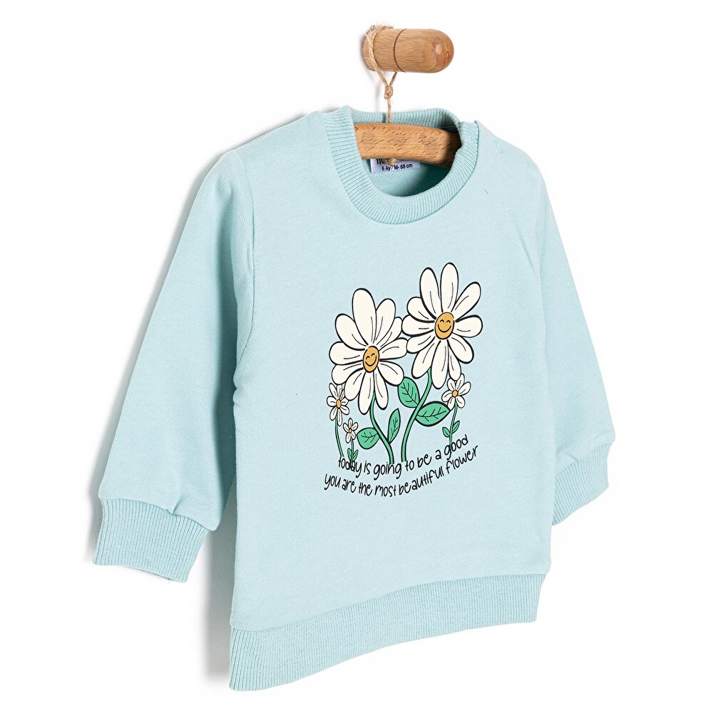 Kız Bebek Sweatshirt Şardonlu Papatya Desenli Çıtçıtlı Bisiklet Yaka Uzun Kol Açık Mavi