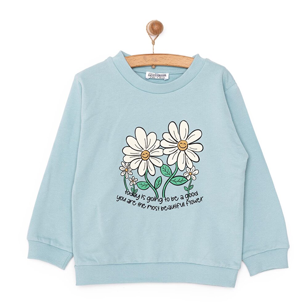 Kız Bebek Sweatshirt Şardonlu Papatya Desenli Çıtçıtlı Bisiklet Yaka Uzun Kol Açık Mavi