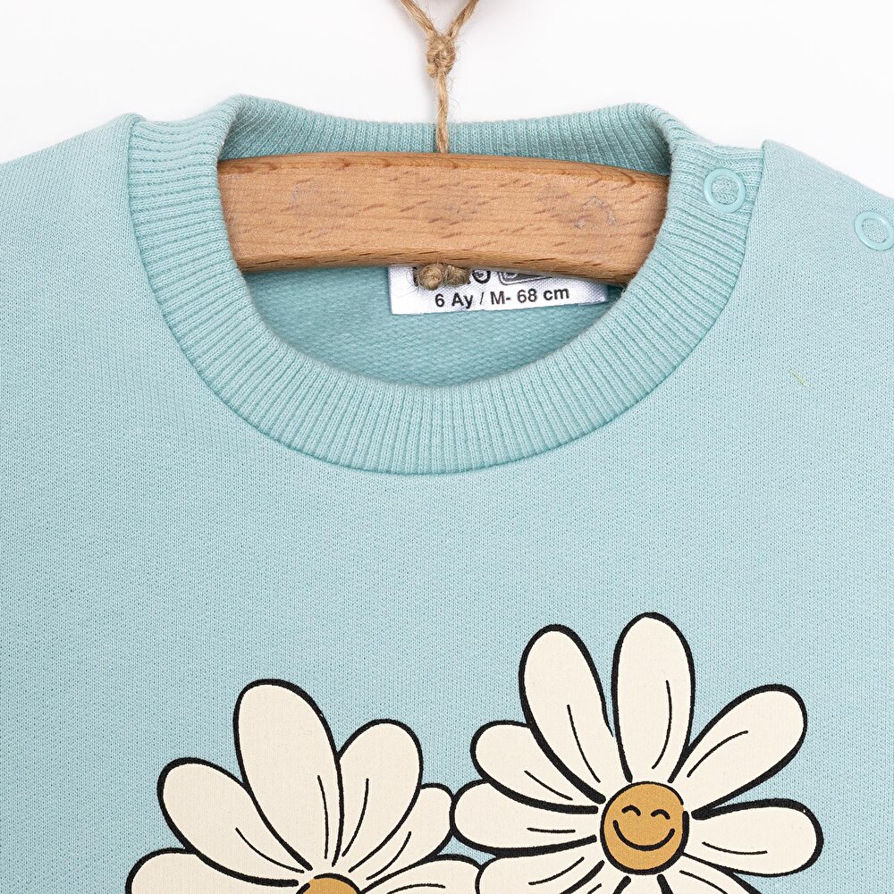 Kız Bebek Sweatshirt Şardonlu Papatya Desenli Çıtçıtlı Bisiklet Yaka Uzun Kol Açık Mavi