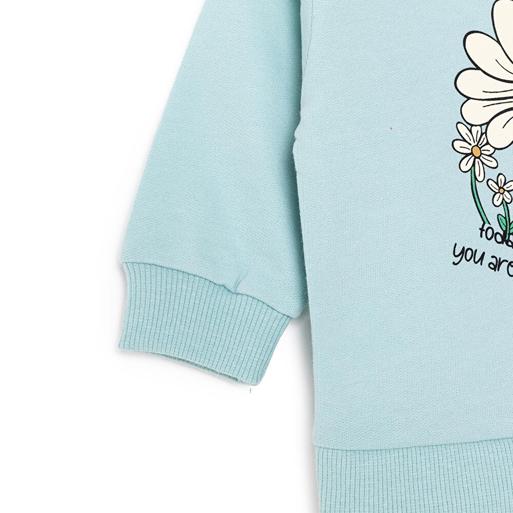 Kız Bebek Sweatshirt Şardonlu Papatya Desenli Çıtçıtlı Bisiklet Yaka Uzun Kol Açık Mavi