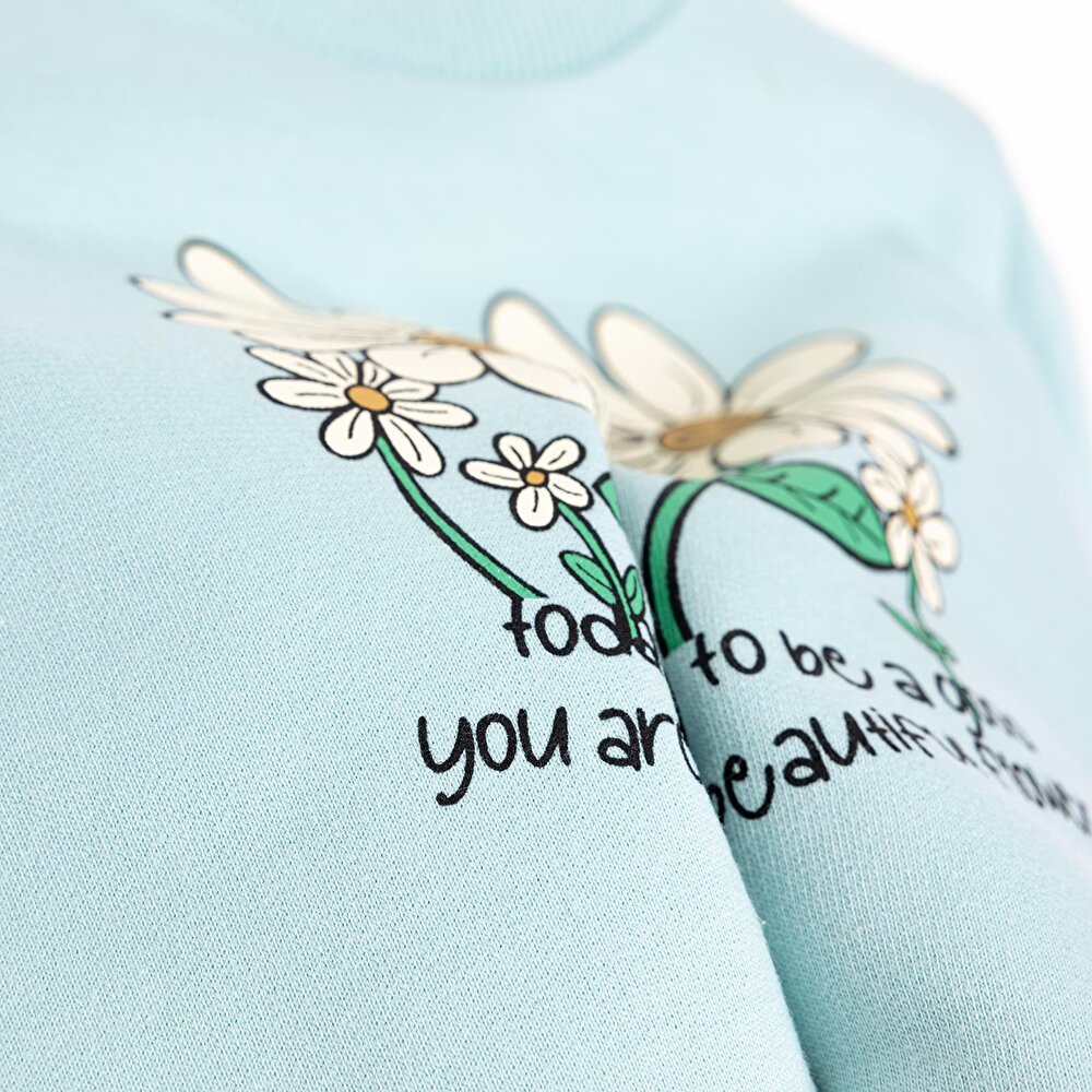 Kız Bebek Sweatshirt Şardonlu Papatya Desenli Çıtçıtlı Bisiklet Yaka Uzun Kol Açık Mavi
