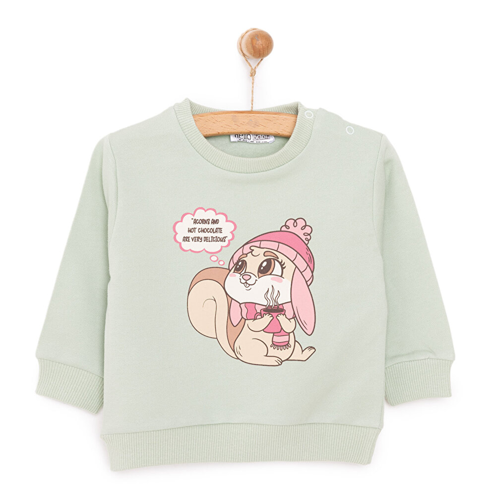 Kız Bebek Sweatshirt Şardonlu Sincap Desenli Bisiklet Yaka Uzun Kol Mint