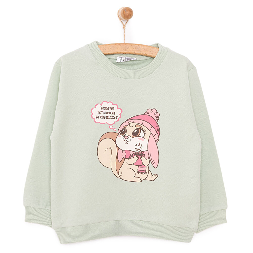 Kız Bebek Sweatshirt Şardonlu Sincap Desenli Bisiklet Yaka Uzun Kol Mint