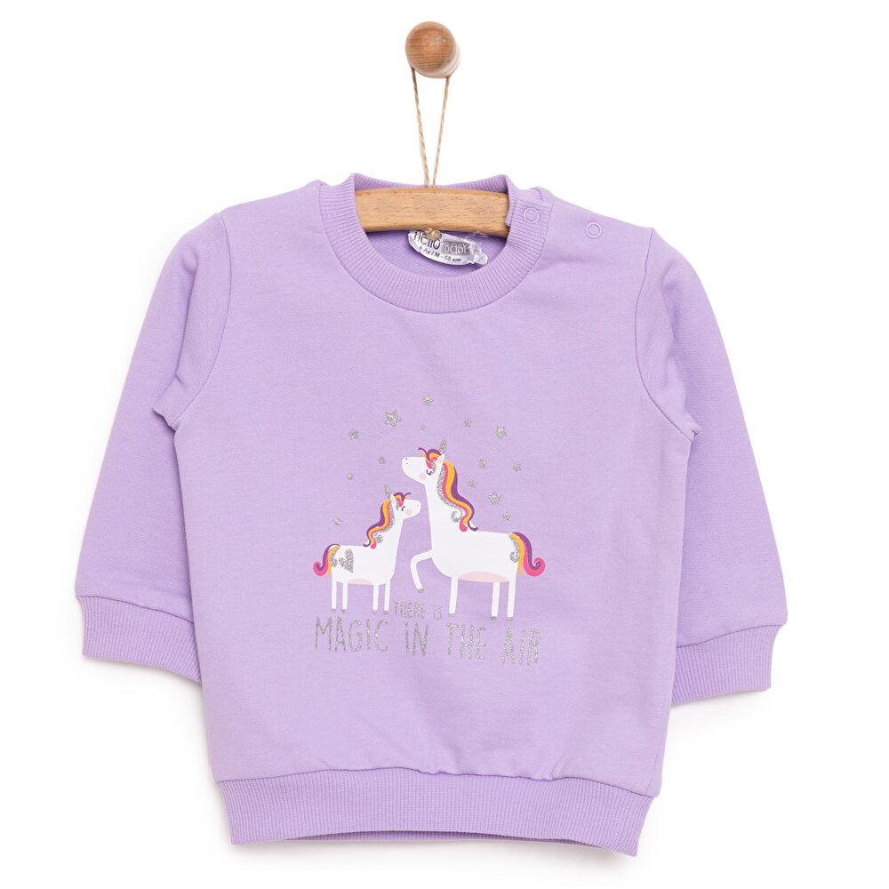 Kız Bebek Sweatshirt Şardonlu Unicorn Desenli Çıtçıtlı Uzun Kol Lila