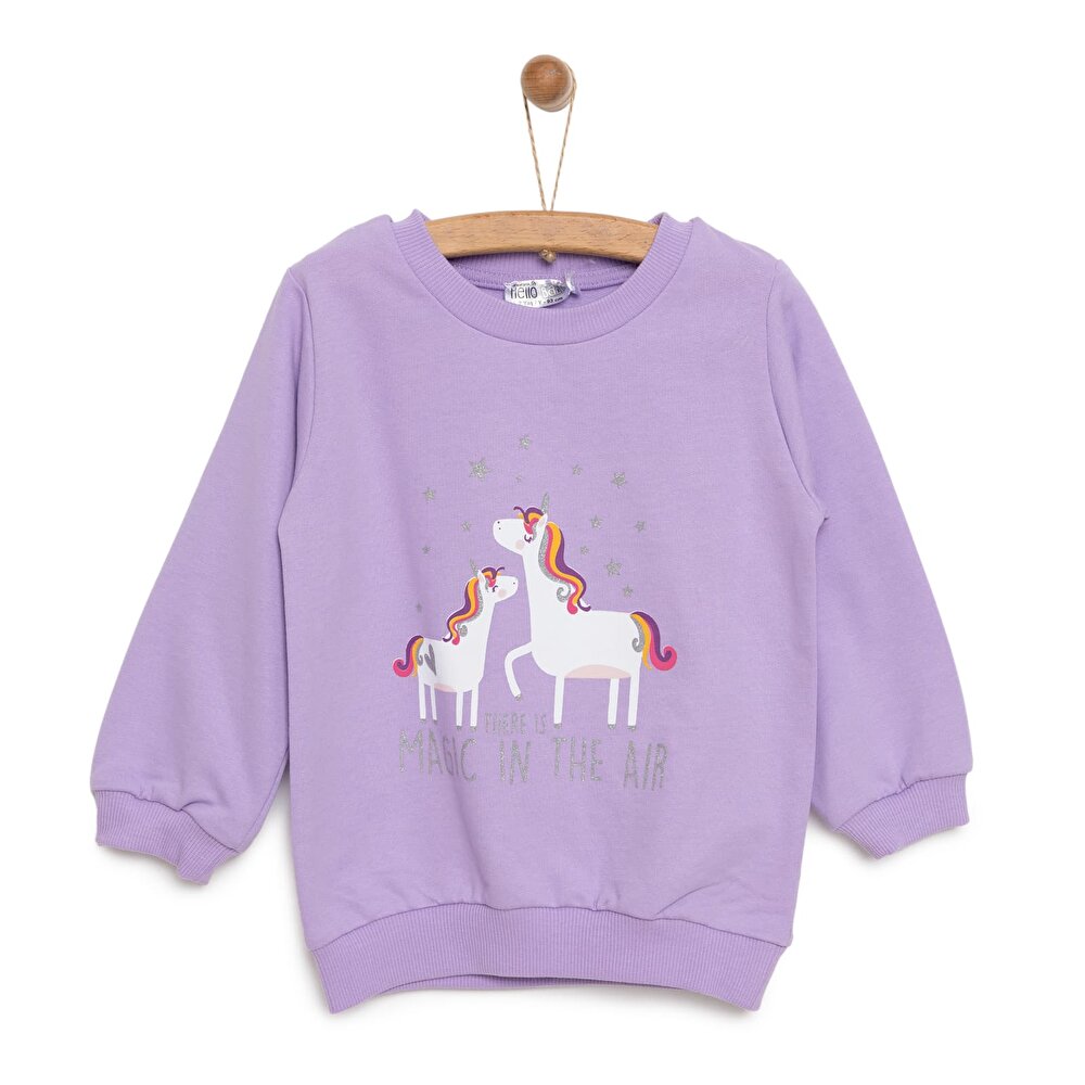 Kız Bebek Sweatshirt Şardonlu Unicorn Desenli Çıtçıtlı Uzun Kol Lila