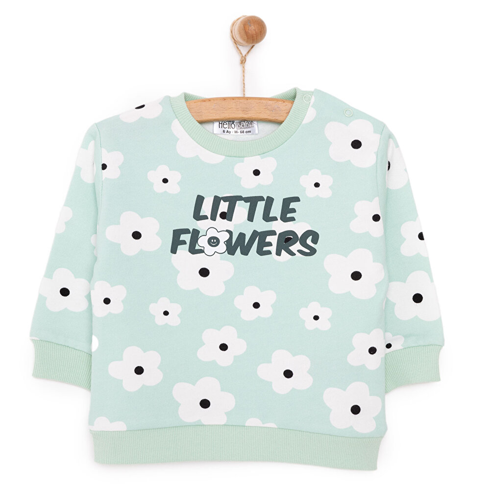 Kız Bebek Sweatshirt Şardonlu Yazılı Papatya Desenli Çıtçıtlı Bisiklet Yaka Uzun Kol