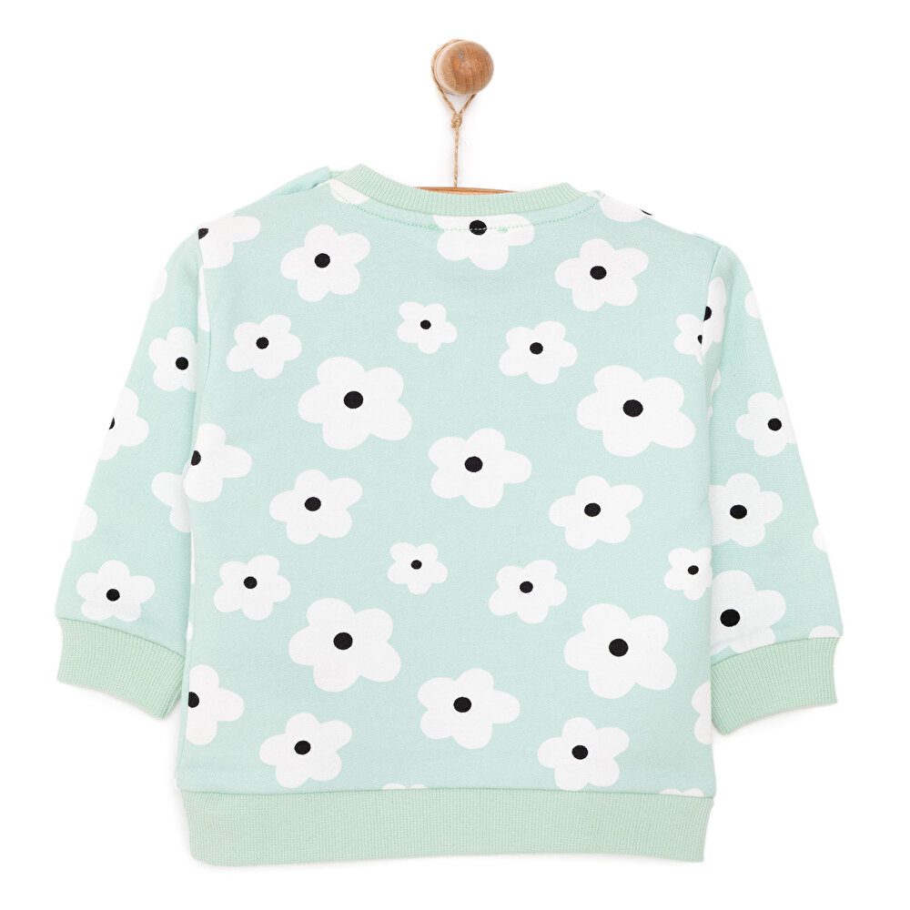 Kız Bebek Sweatshirt Şardonlu Yazılı Papatya Desenli Çıtçıtlı Bisiklet Yaka Uzun Kol