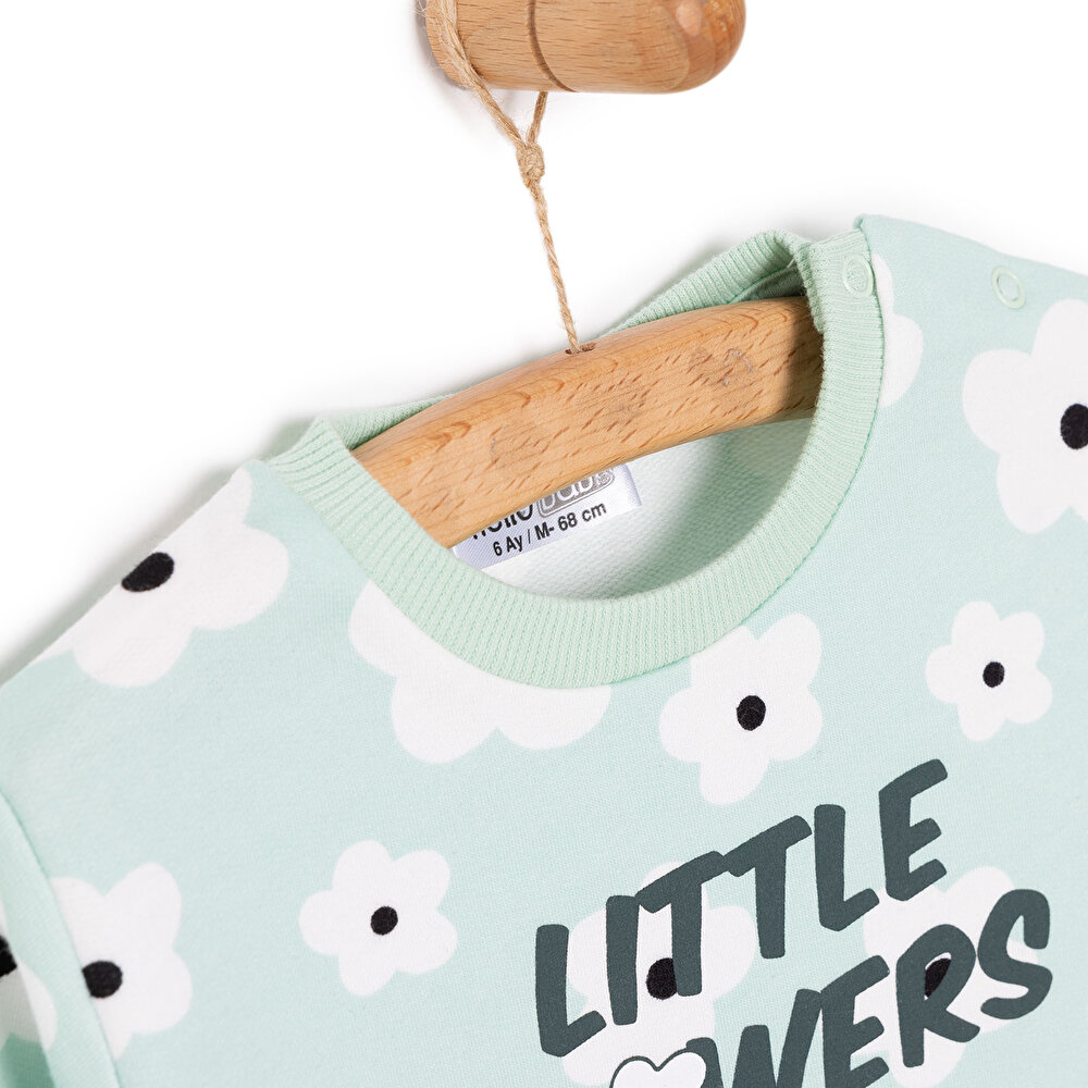 Kız Bebek Sweatshirt Şardonlu Yazılı Papatya Desenli Çıtçıtlı Bisiklet Yaka Uzun Kol