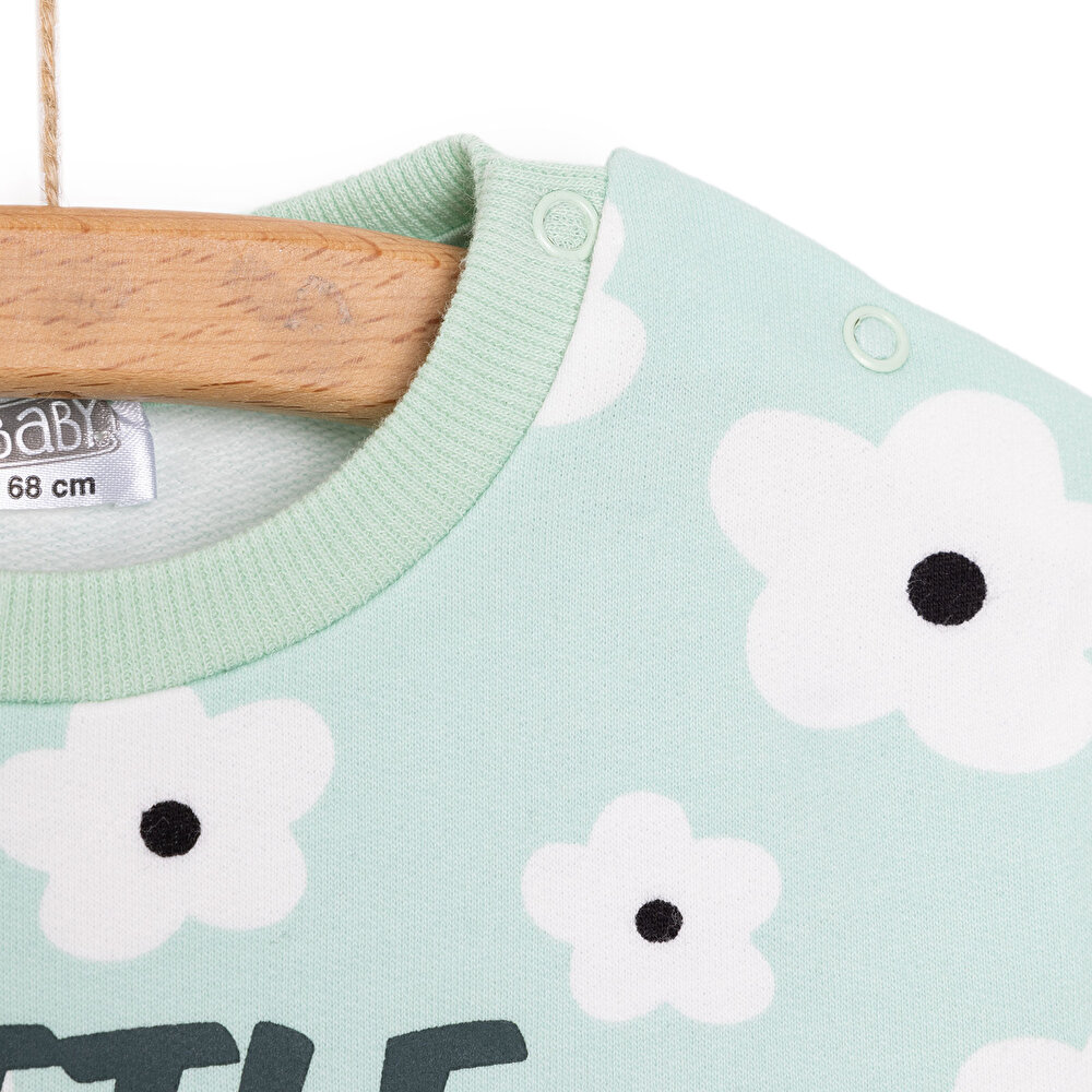 Kız Bebek Sweatshirt Şardonlu Yazılı Papatya Desenli Çıtçıtlı Bisiklet Yaka Uzun Kol