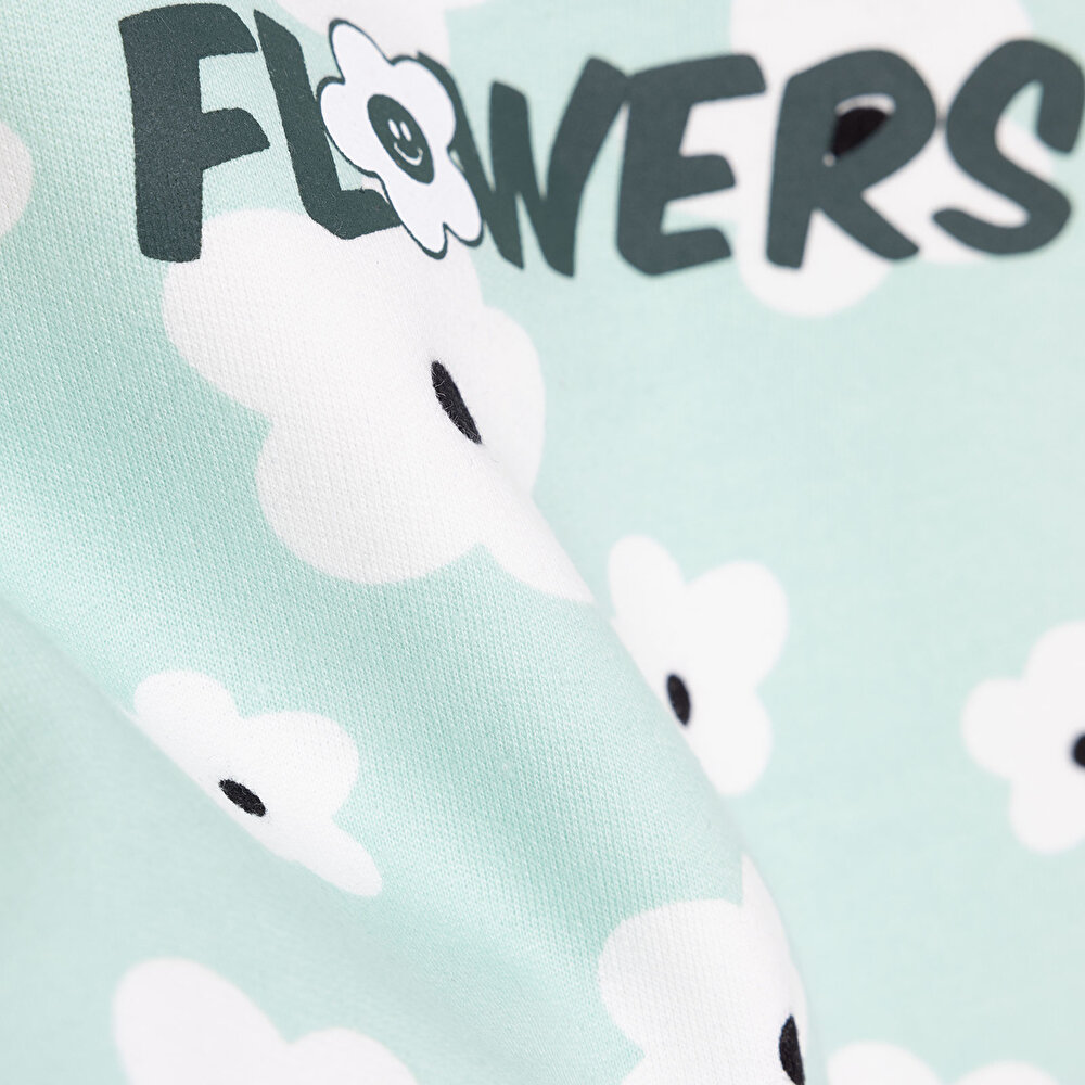 Kız Bebek Sweatshirt Şardonlu Yazılı Papatya Desenli Çıtçıtlı Bisiklet Yaka Uzun Kol