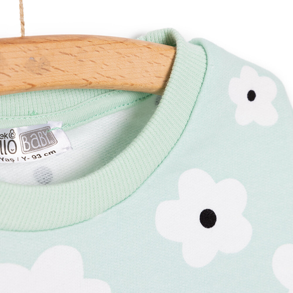 Kız Bebek Sweatshirt Şardonlu Yazılı Papatya Desenli Çıtçıtlı Bisiklet Yaka Uzun Kol