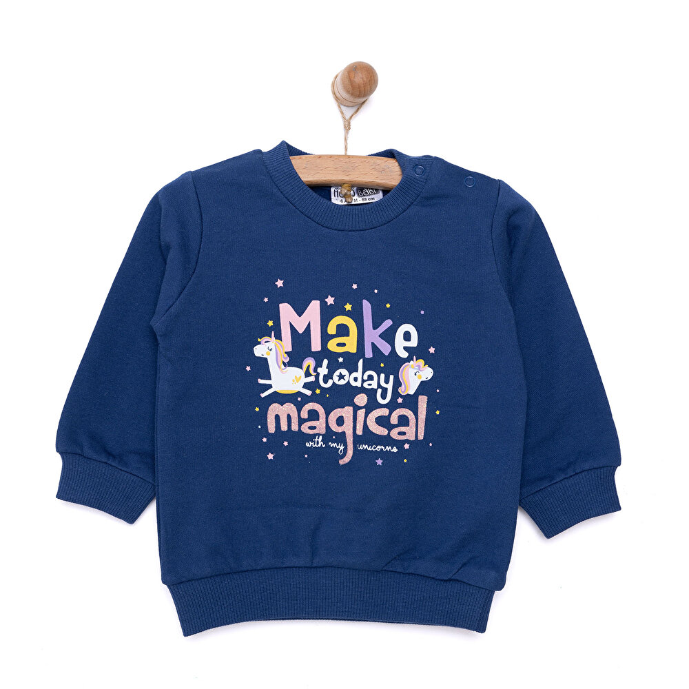 Basic Az Şardonlu Yazılı Unicorn Desenli Sweatshirt Kız Bebek