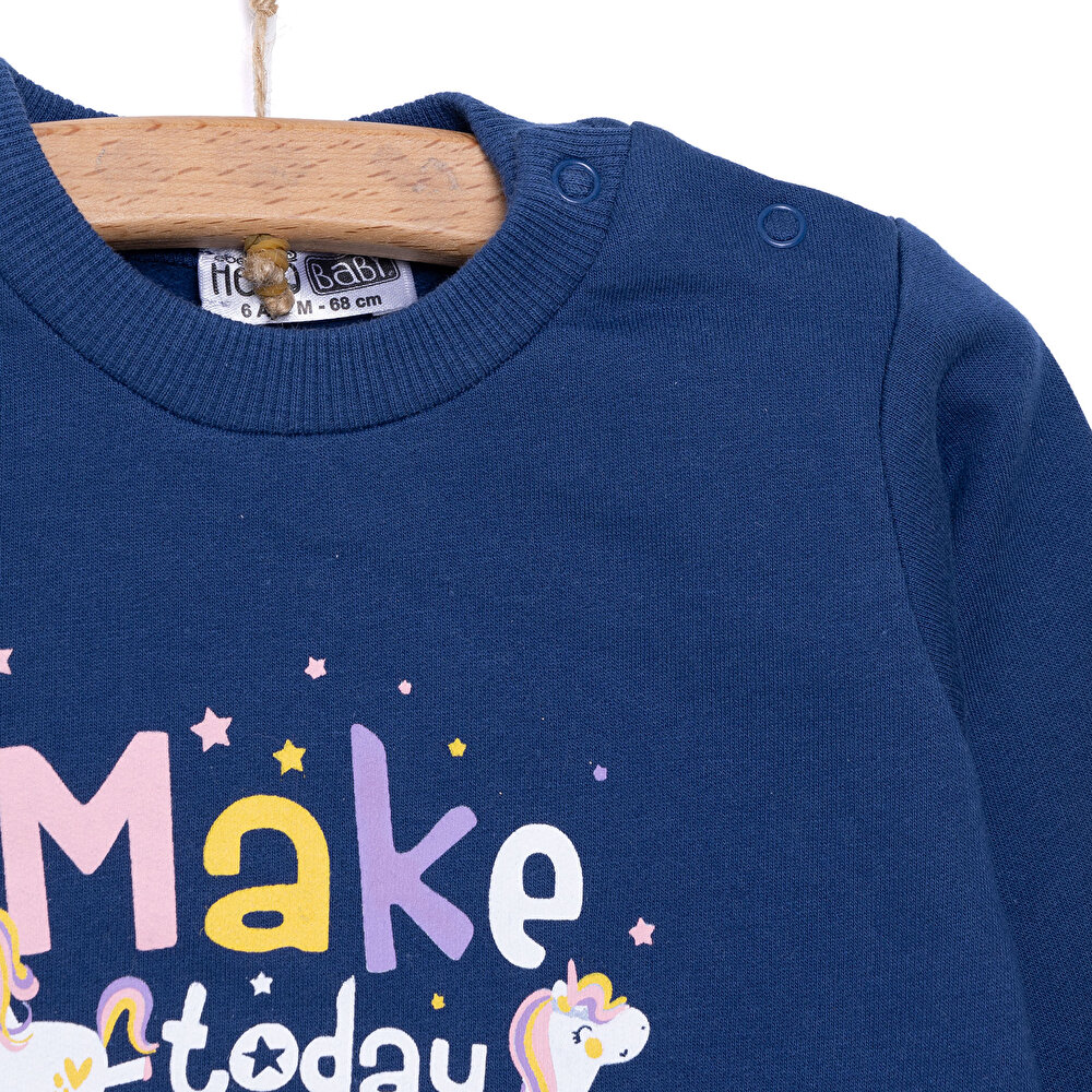 Basic Az Şardonlu Yazılı Unicorn Desenli Sweatshirt Kız Bebek