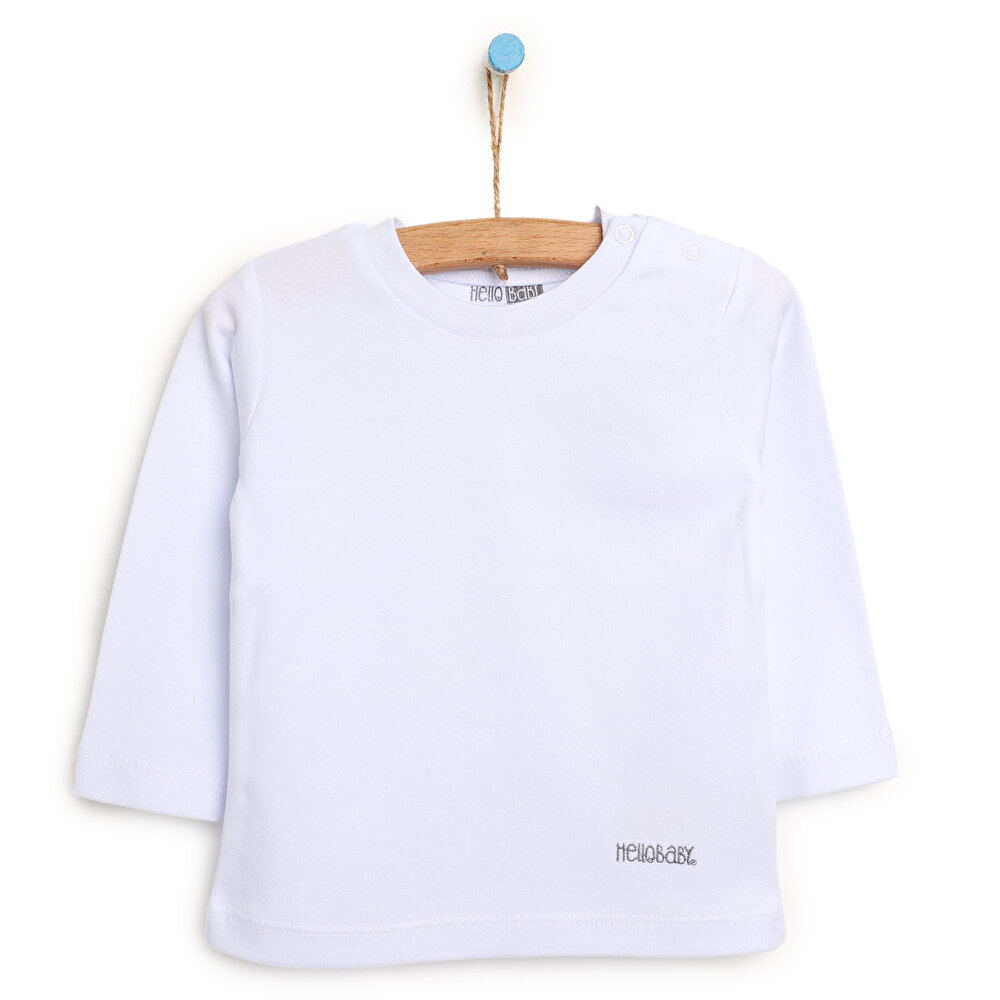 Unisex Bebek Tişört İnterlok Çıtçıtlı Bisiklet Yaka Uzun Kol Beyaz