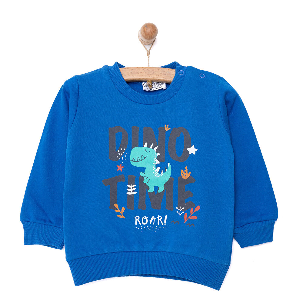 Erkek Bebek Sweatshirt Şardonlu Dino Baskılı Bisiklet Yaka Uzun Kol Lacivert