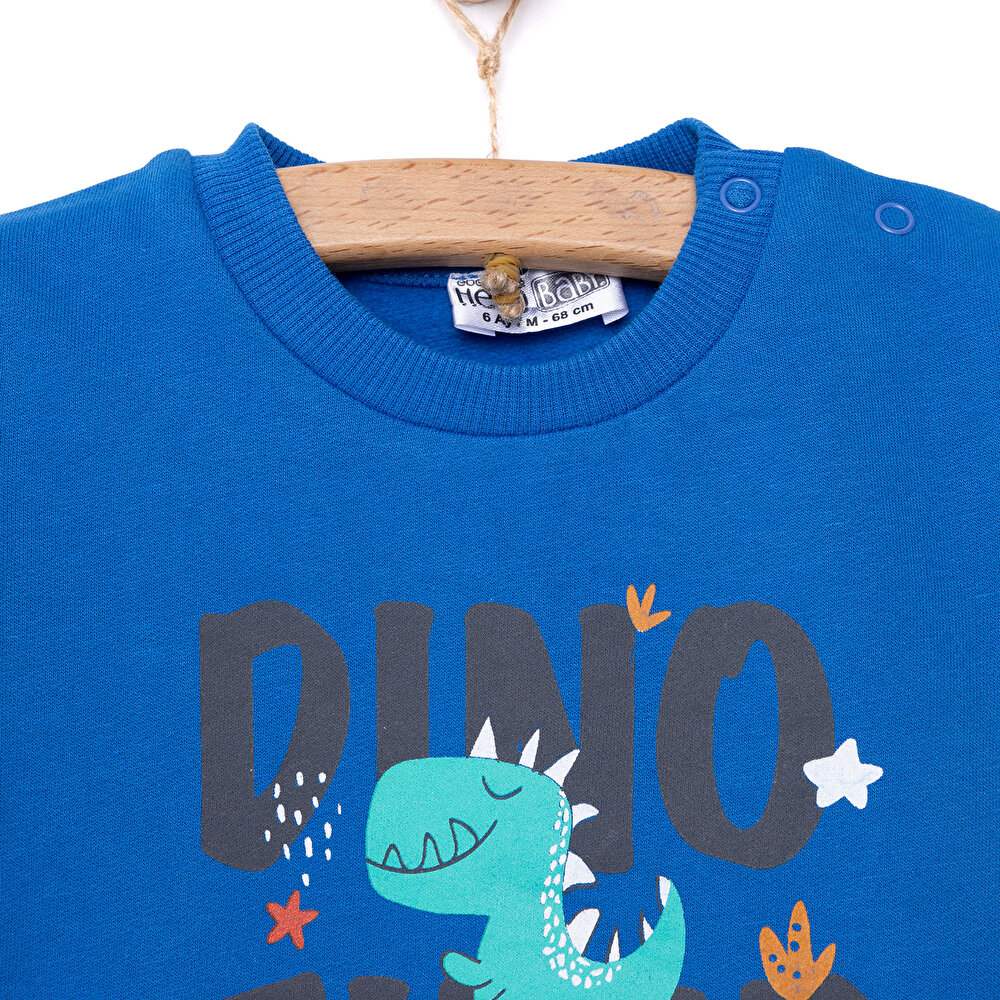 Erkek Bebek Sweatshirt Şardonlu Dino Baskılı Bisiklet Yaka Uzun Kol Lacivert