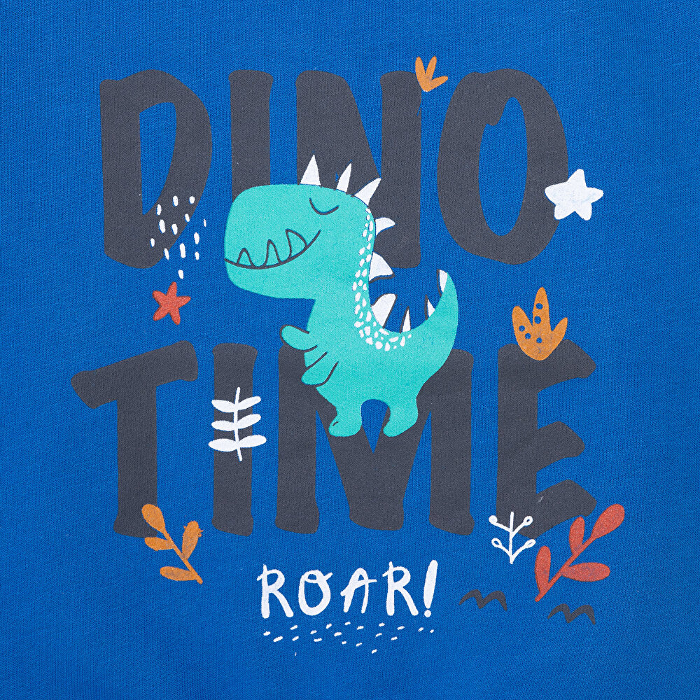 Erkek Bebek Sweatshirt Şardonlu Dino Baskılı Bisiklet Yaka Uzun Kol Lacivert