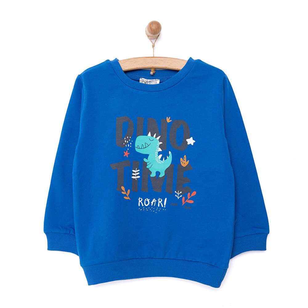 Erkek Bebek Sweatshirt Şardonlu Dino Baskılı Bisiklet Yaka Uzun Kol Lacivert
