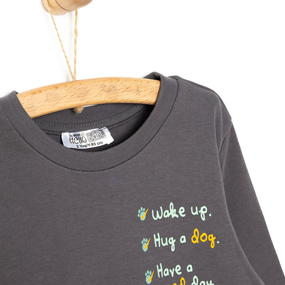 Erkek Bebek İnterlok Yazılı Baskılı Bisiklet Yaka Uzun Kol Antrasit