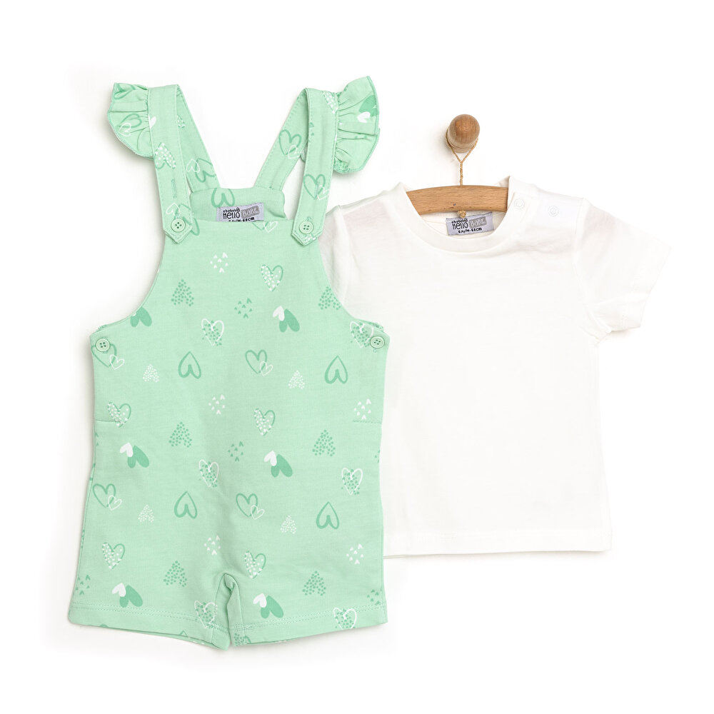 Basic Kalp Desenli Şort Salopet-Tshirt Takım Kız Bebek