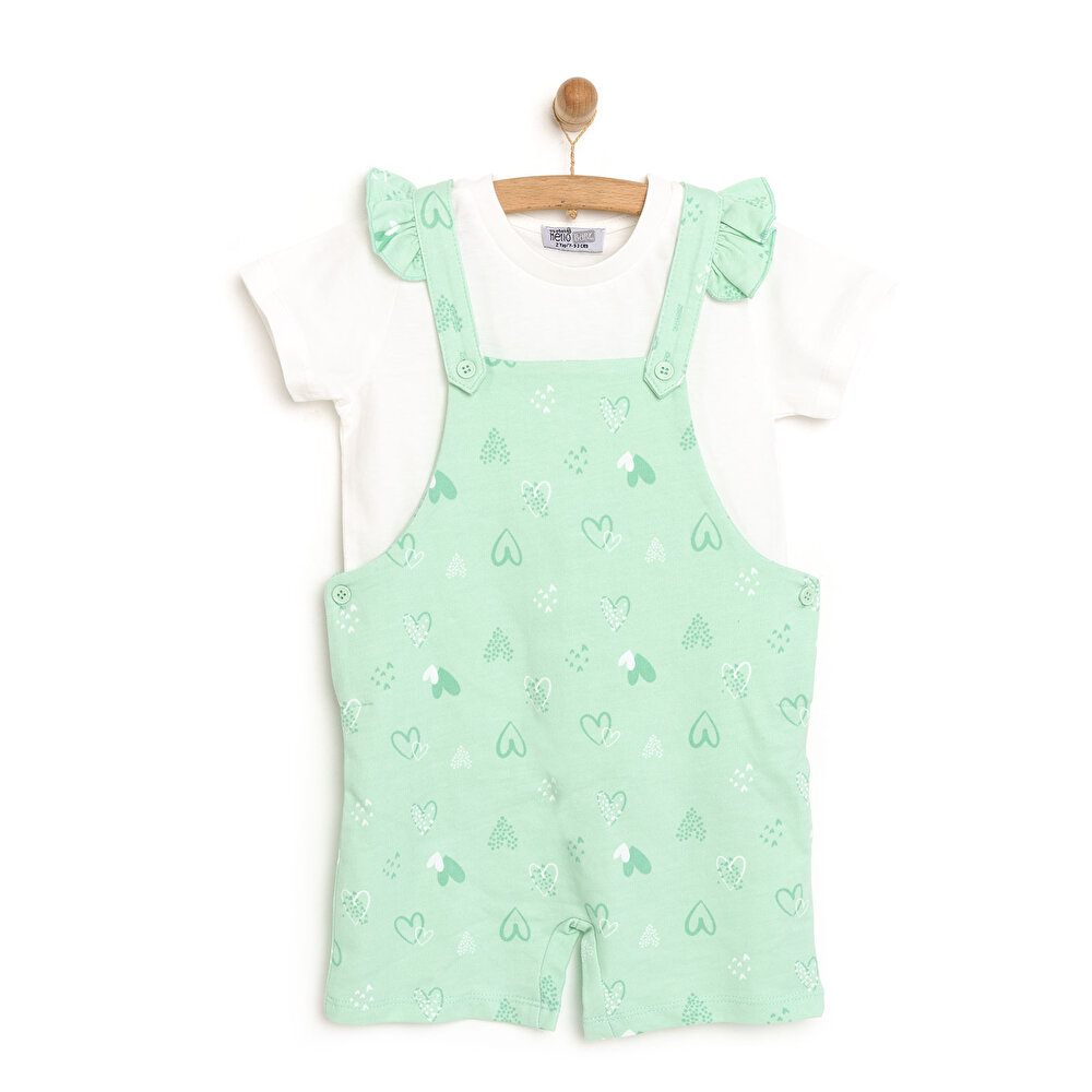 Basic Kalp Desenli Şort Salopet-Tshirt Takım Kız Bebek