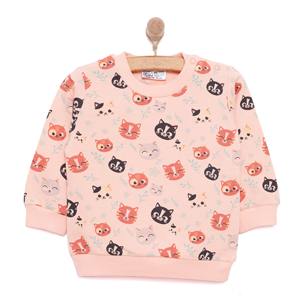 Basic Kedi Desenli Sweatshirt Kız Bebek