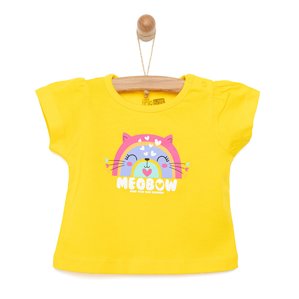 Basic Kedili Gökkuşağı Baskılı Tshirt Kız Bebek