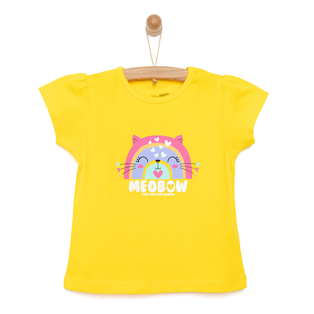 Basic Kedili Gökkuşağı Baskılı Tshirt Kız Bebek