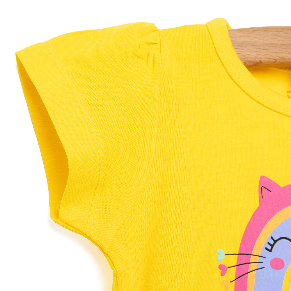 Basic Kedili Gökkuşağı Baskılı Tshirt Kız Bebek