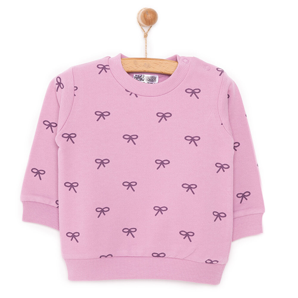 Kız Bebek Sweatshirt Şardonlu Kurdele Baskılı Çıtçıtlı Bisiklet Yaka Uzun Kol