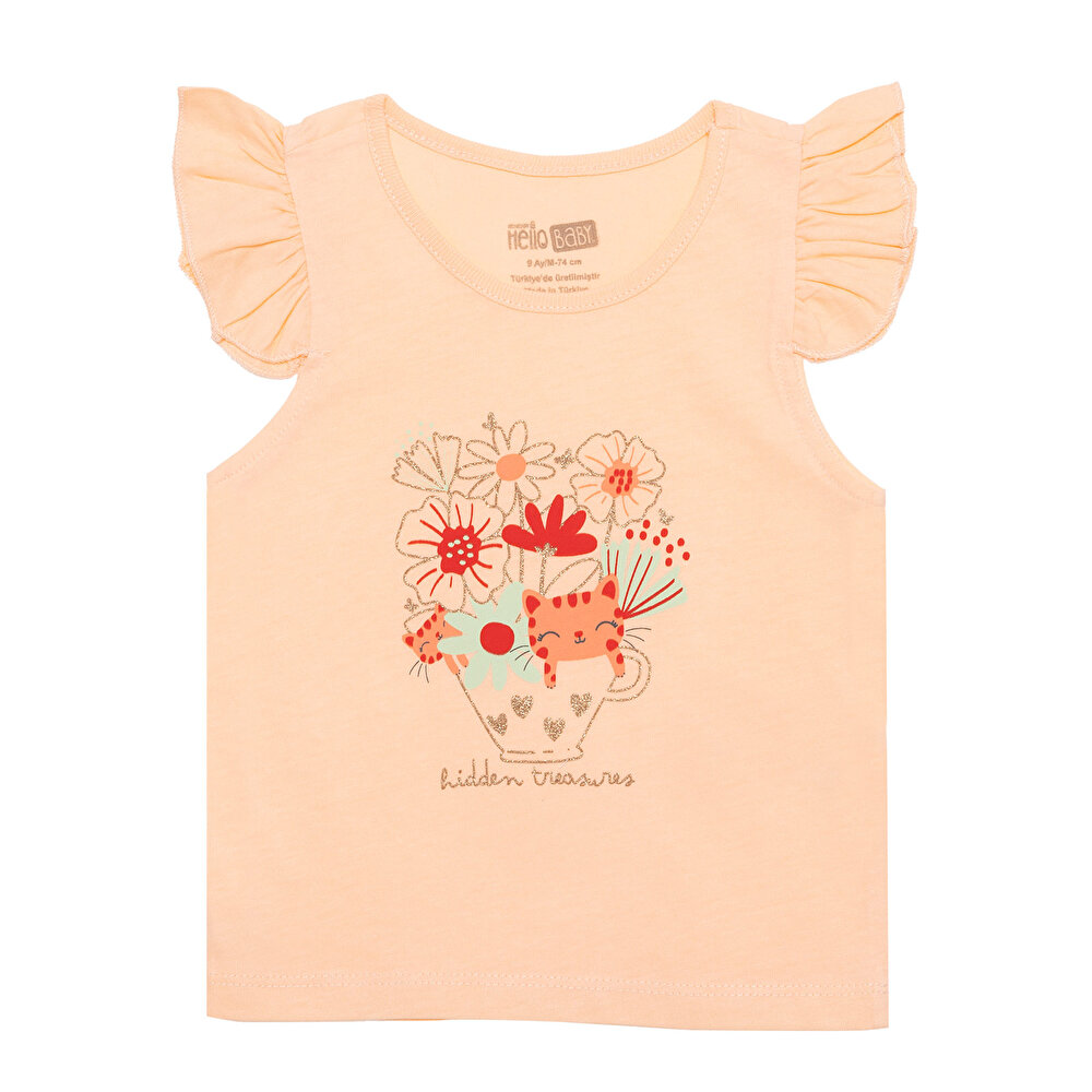 Basic Kız Çiçek ve Kedi Baskılı Atlet T-shirt Kız Bebek