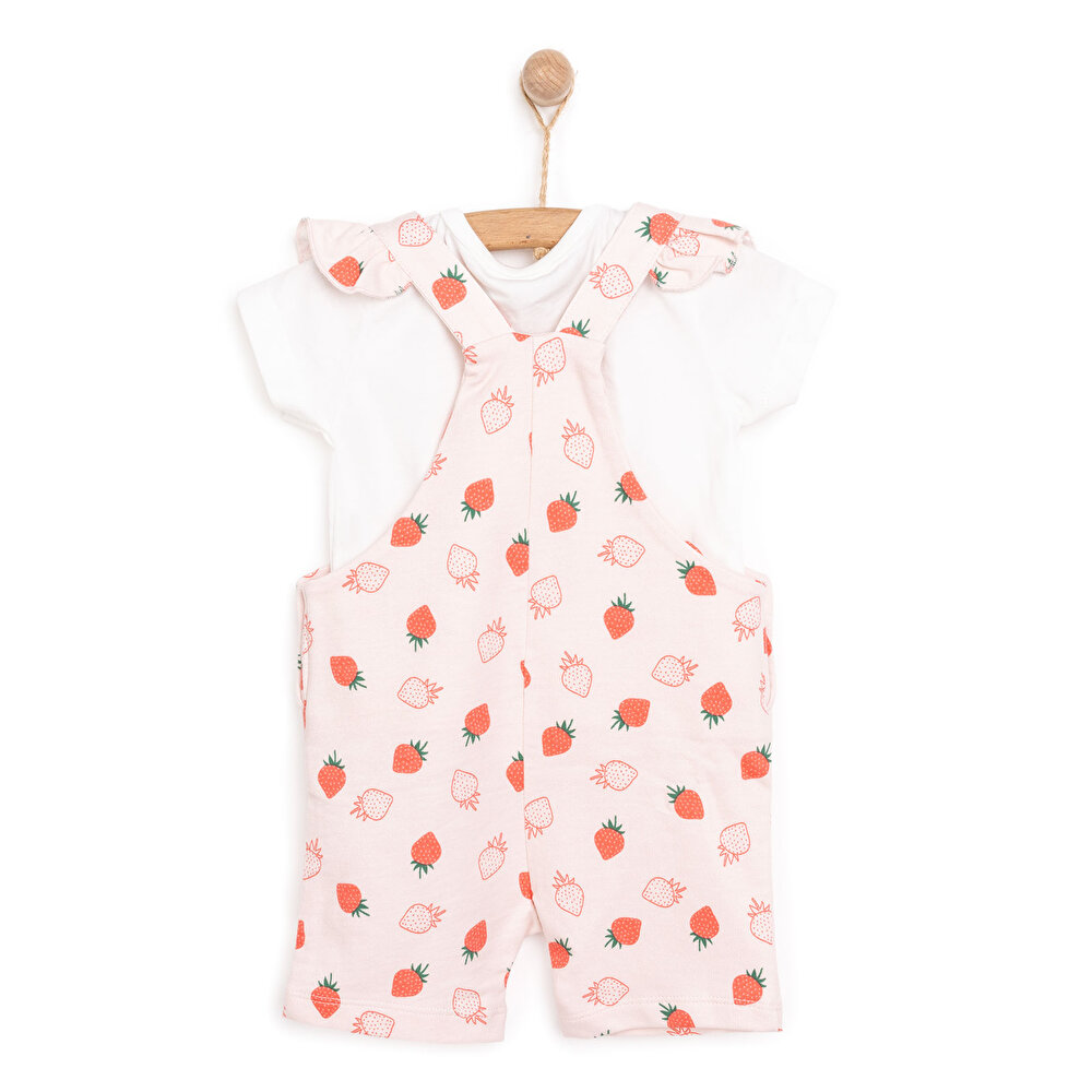 Basic Kız Çilek Desenli Şort Salopet-Tshirt Kız Bebek