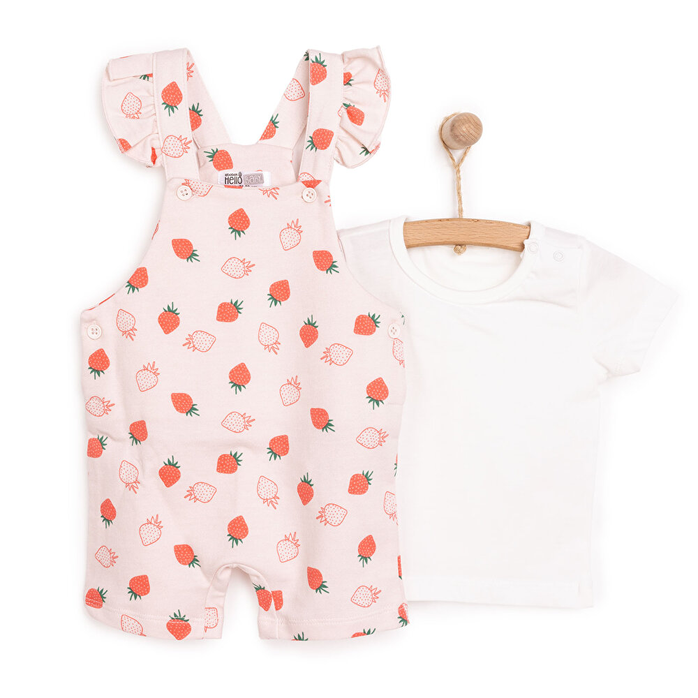 Basic Kız Çilek Desenli Şort Salopet-Tshirt Kız Bebek