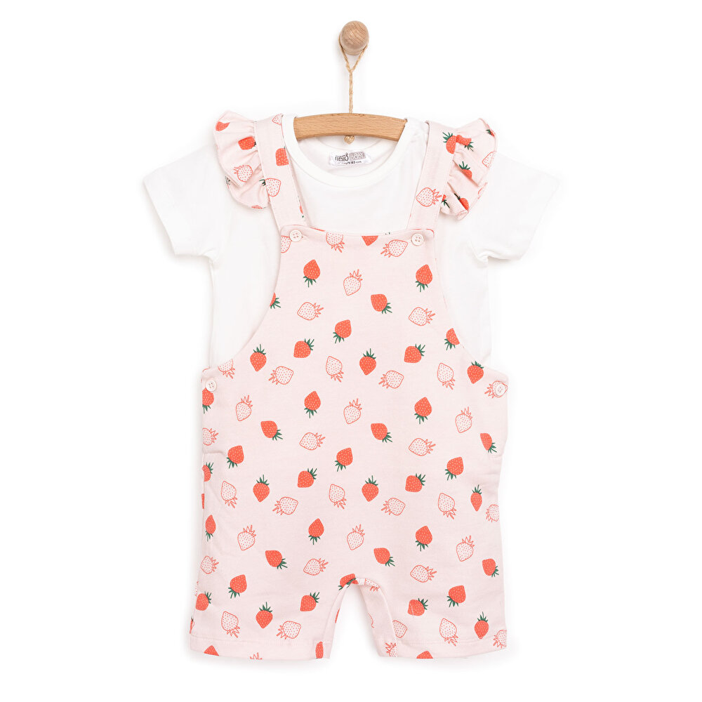 Basic Kız Çilek Desenli Şort Salopet-Tshirt Kız Bebek