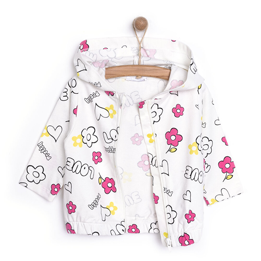 Basic Kız Desenli  Kapüşonlu Hırka Kız Bebek