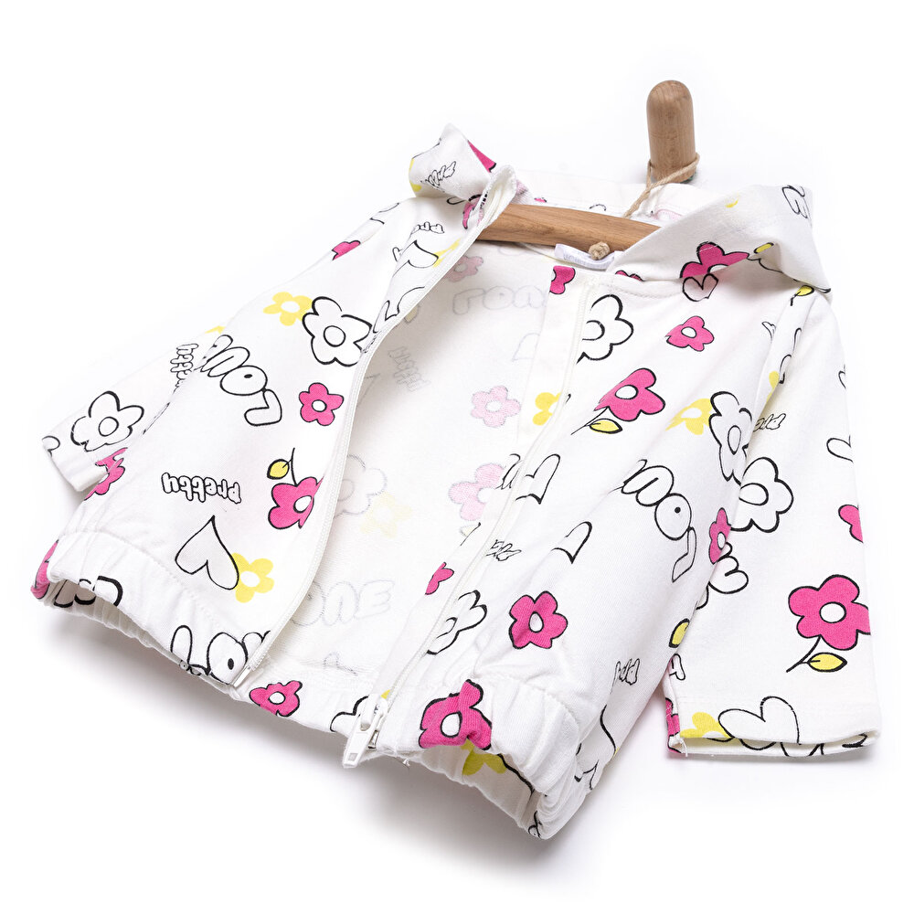 Basic Kız Desenli  Kapüşonlu Hırka Kız Bebek