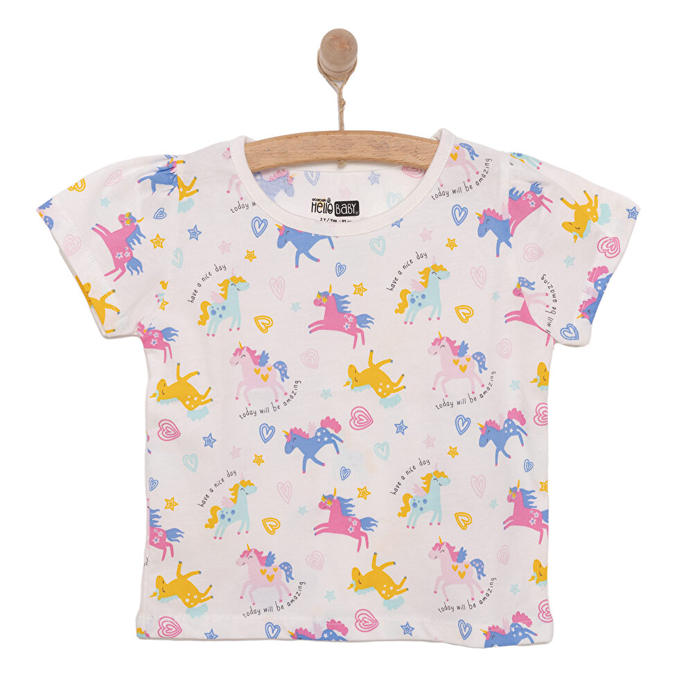 Basic Kız Kalpli Unicorn Desenli T-Shirt Kız Bebek