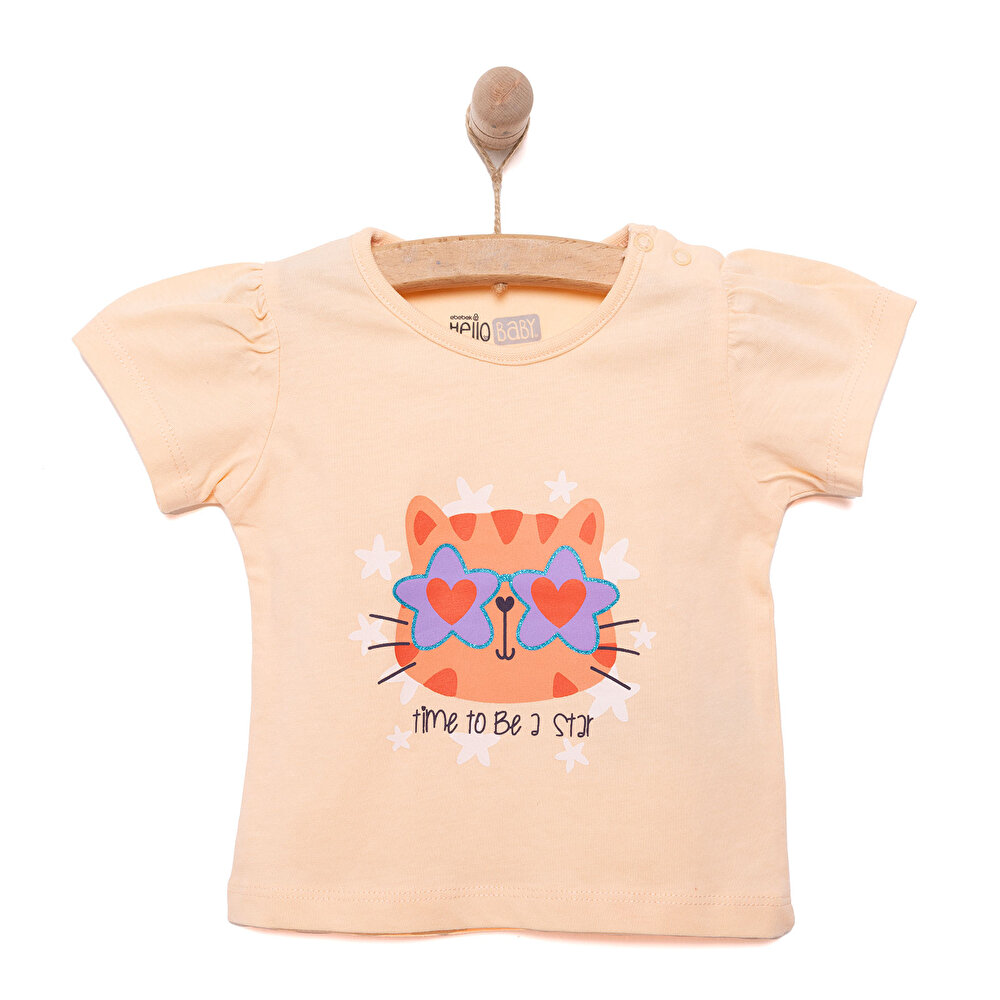 Basic Kız Star Kedi Baskılı T-Shirt Kız Bebek