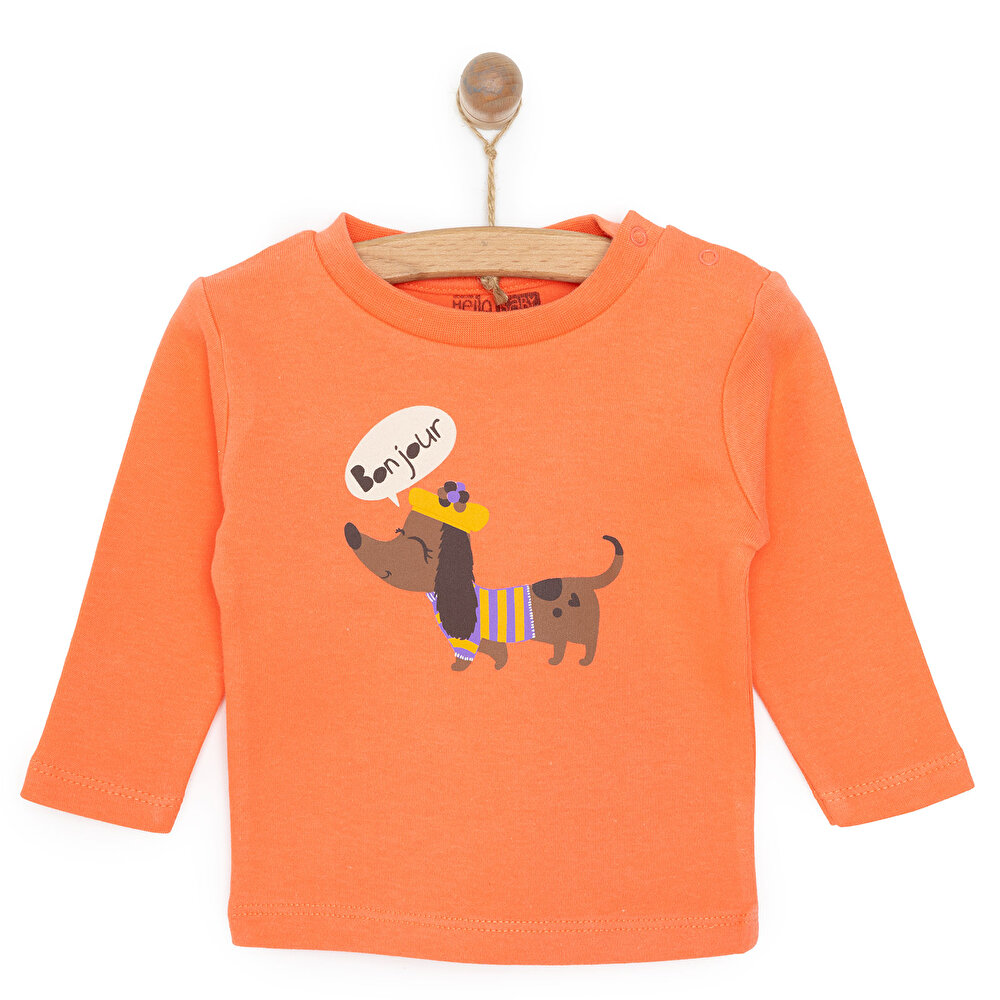 Basic Köpek Desenli İnterlok  Uzun kol Tshirt Kız Bebek