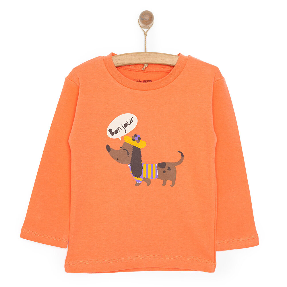 Basic Köpek Desenli İnterlok  Uzun kol Tshirt Kız Bebek