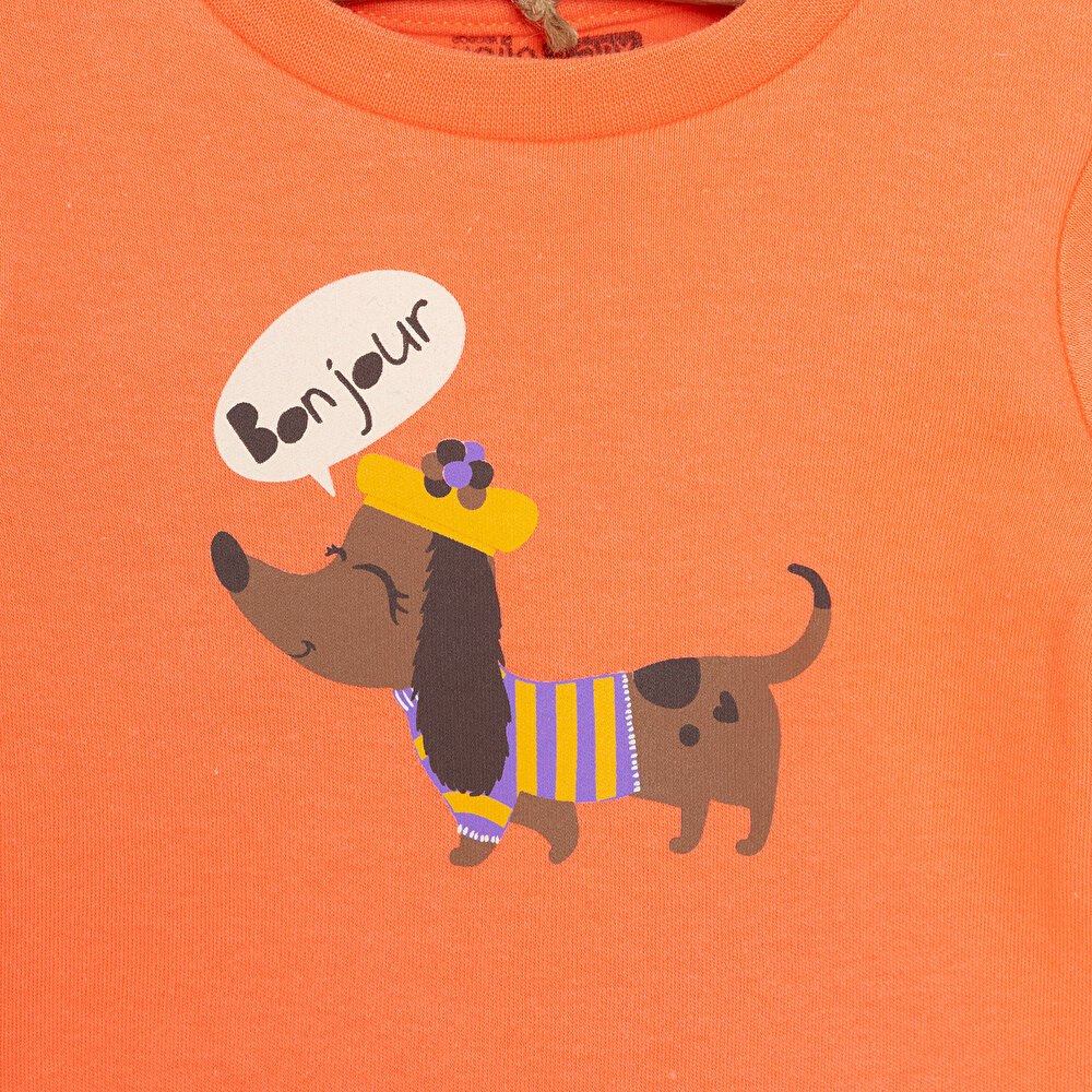 Basic Köpek Desenli İnterlok  Uzun kol Tshirt Kız Bebek