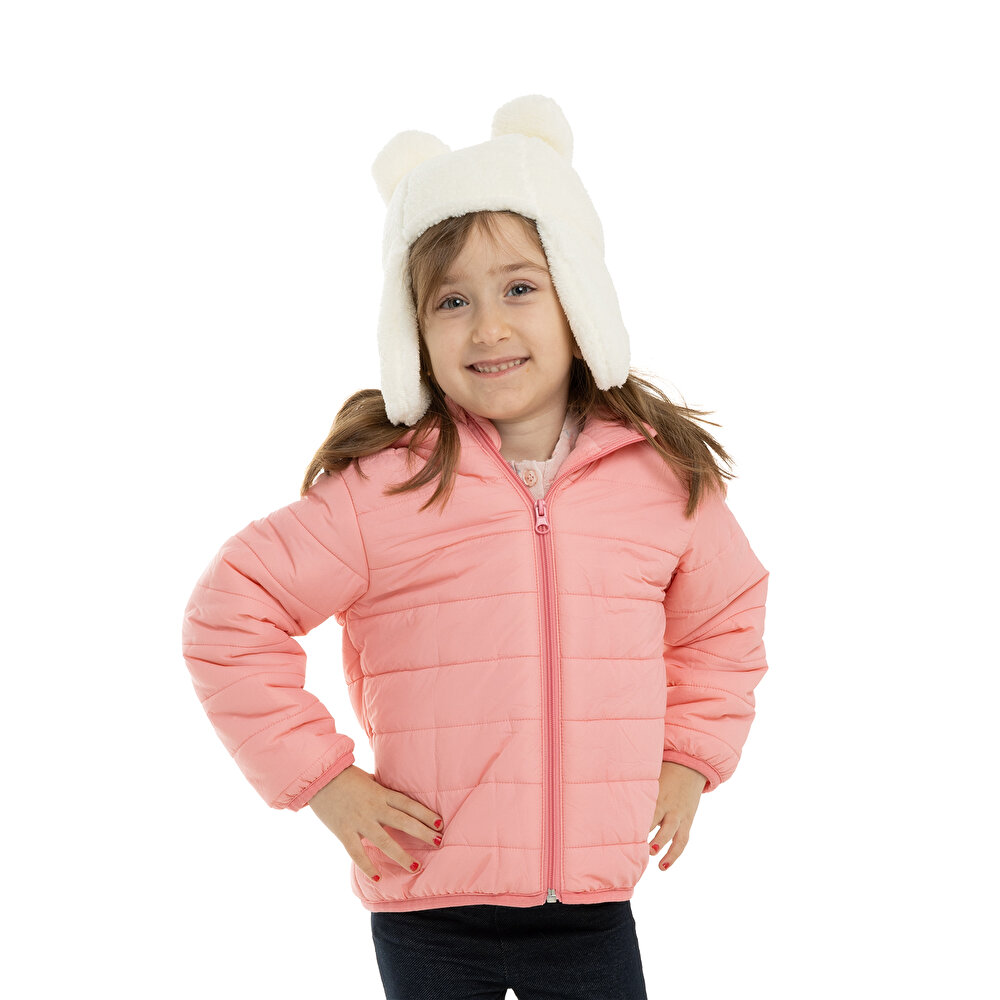 Kız Bebek Kulaklı Kapüşonlu Mont Micro Kumaş Fermuarlı Hakim Yaka Uzun Kol Açık Pembe