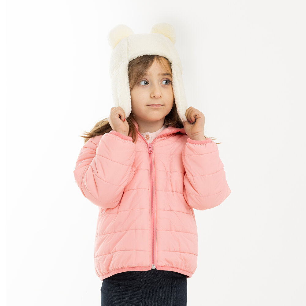 Kız Bebek Kulaklı Kapüşonlu Mont Micro Kumaş Fermuarlı Hakim Yaka Uzun Kol Açık Pembe