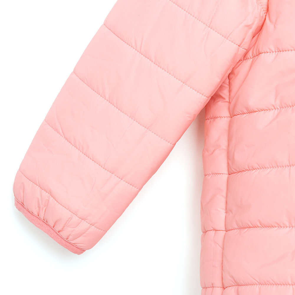 Kız Bebek Kulaklı Kapüşonlu Mont Micro Kumaş Fermuarlı Hakim Yaka Uzun Kol Açık Pembe