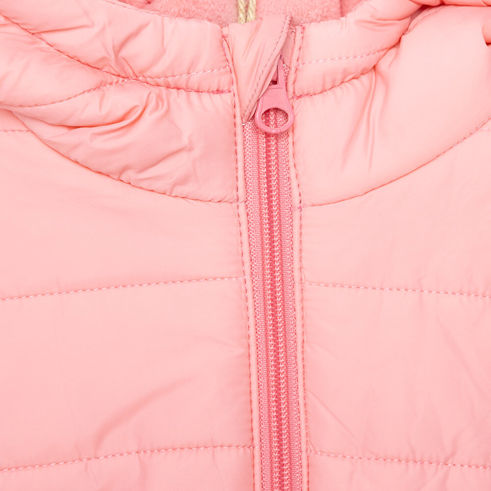 Kız Bebek Kulaklı Kapüşonlu Mont Micro Kumaş Fermuarlı Hakim Yaka Uzun Kol Açık Pembe