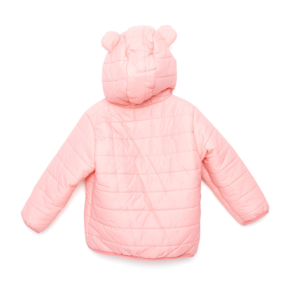 Kız Bebek Kulaklı Kapüşonlu Mont Micro Kumaş Fermuarlı Hakim Yaka Uzun Kol Açık Pembe